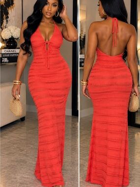 Backless Halter Maxi Dress in Red - Elegant Evening Dress